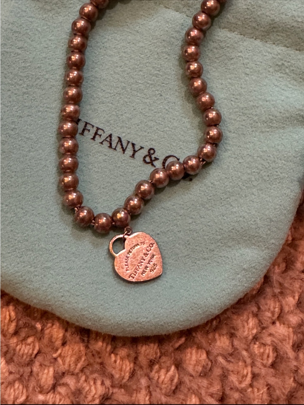 Tiffany & Co. Silver Beaded Necklace with Heart Tag